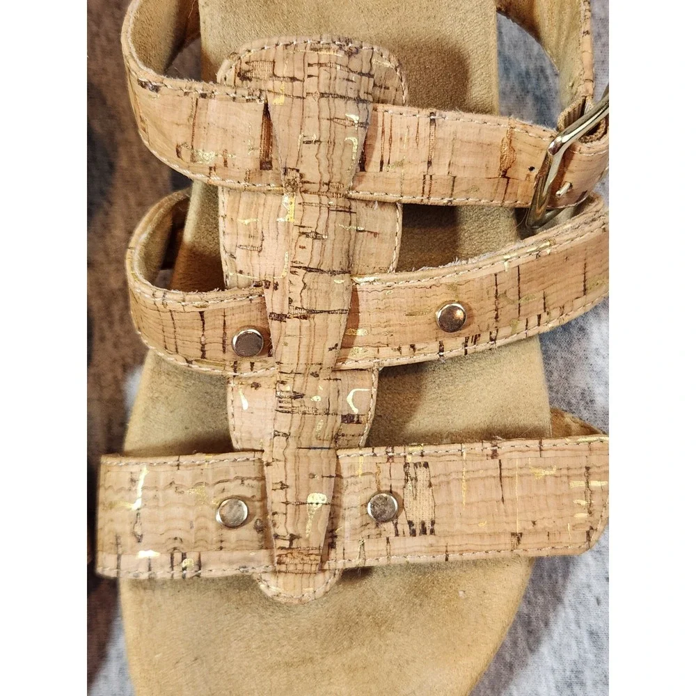 Vionic Wedge Sandals Womens 5 Tan Cork Metallic Gold Studded Strappy Slide